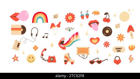 Grand ensemble rétro de stickers avec des éléments de culture hippie. Icônes de couleur plate psychédélique positive dans le style des années 70 80. Objets vintage à l'ancienne et si Illustration de Vecteur