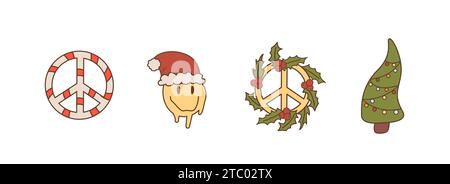Ensemble de Noël hippie rétro groovy. Arbre de Noël trippy, signe de paix, visage de sourire avec chapeau de père noël, symbole hippie avec GUI. années 60 années 70 inspiré tendance coll. Illustration de Vecteur
