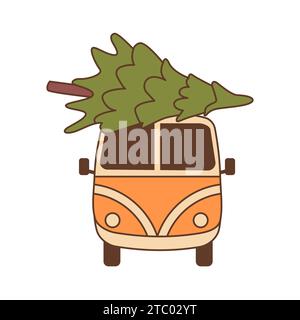 Camping-car vintage avec arbre de Noël. Joyeux Noël et bonne année autocollant vectoriel dans le style rétro des années 60 70. Éléments de vacances d'hiver groovy. Vector xm Illustration de Vecteur