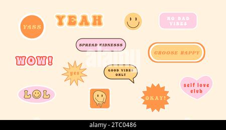 Ensemble de stickers positifs rétro tendance. Collection de divers patchs avec émoticônes et phrases hippie. Sourire visage et mots d'argot. Illustration vectorielle i Illustration de Vecteur