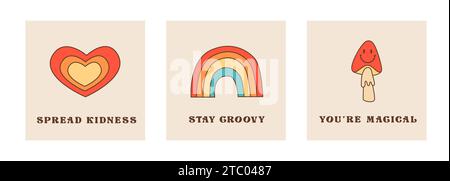 Ensemble de cartes rétro ou affiches avec des phrases dans le style des années 60 70. Citations de culture hippie avec autocollant vintage. Champignon psychédélique avec visage souriant, cœur Illustration de Vecteur