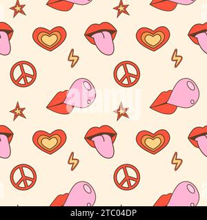 Bouche avec langue sortant, lèvres soufflant du bubble gum rose, signe de paix, coeur et motif sans couture rétro étoile. Fond vintage avec nosta des années 70 80 Illustration de Vecteur