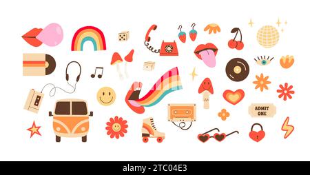 Grand ensemble rétro de stickers avec des éléments de culture hippie. Icônes de couleur plate psychédélique positive dans le style des années 70 80. Objets vintage à l'ancienne et si Illustration de Vecteur