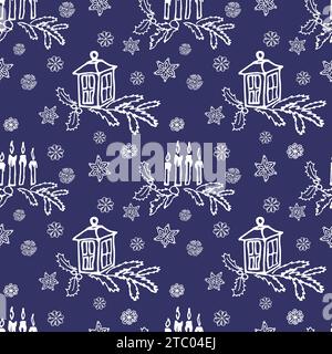 Confortable modèle sans couture d'hiver avec des éléments dessinés à la main doodle de bougie et de branche.texture sans fin pour emballage cadeau, papier peint, bannière Web, papier d'emballage Illustration de Vecteur