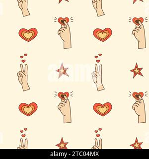 Motif rétro sans couture avec geste de la main signe de paix et coeur tenant entre les doigts. Motif seventies élégant et original. Illustration vectorielle. Illustration de Vecteur