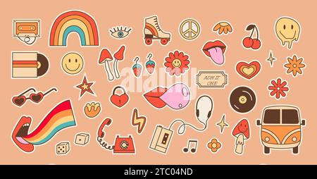 Grand ensemble rétro de stickers avec des éléments de culture hippie. Contour psychédélique positif icônes colorées dans le style des années 70 80. Objets vintage à l'ancienne et Illustration de Vecteur