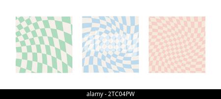 Ensemble de fonds en damier torsadé dans des couleurs pastel pâles. Motif d'échiquier hippie groovy. Motif psychédélique abstrait des années 60 et 70 rétro ondulé Illustration de Vecteur
