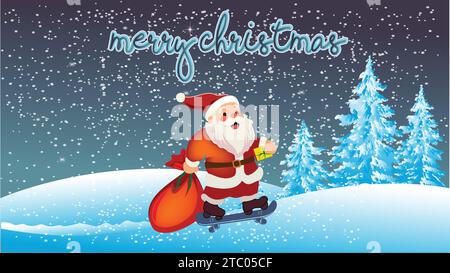 Santa Claus Illustration dessinée à la main avec sac rouge patinage sur glace cadeaux de livraison rapide. Illustration de Vecteur