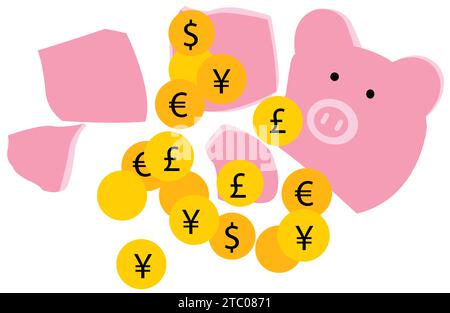 Tirelire cassée avec des pièces de monnaie de différents pays illustration Illustration de Vecteur