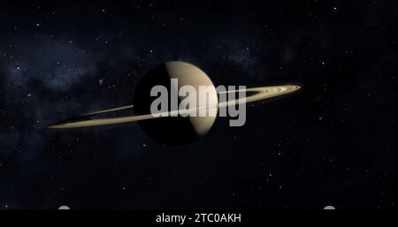 Planète Saturne avec des anneaux dans l'espace extra-atmosphérique parmi les étoiles. Banque D'Images