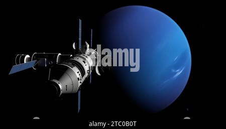 Vaisseau spatial arrivant à Neptune, mission spatiale vers la planète inconnue. science-fiction 3d. Banque D'Images