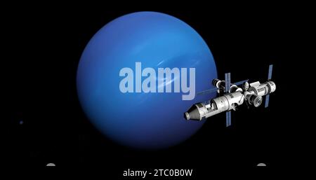 Vaisseau spatial arrivant à Neptune, mission spatiale vers la planète inconnue. science-fiction 3d. Banque D'Images