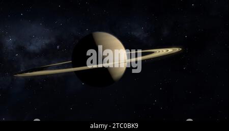 Planète Saturne avec des anneaux dans l'espace extra-atmosphérique parmi les étoiles. Banque D'Images