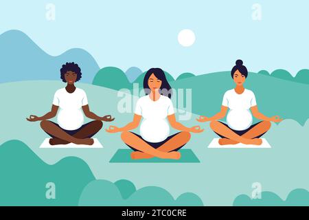 Femmes enceintes avec paysage. Cours de yoga en plein air. Méditation avec entraîneur dans le parc. L'entraînement prénatal à la relaxation. Illustration vectorielle plate. Illustration de Vecteur