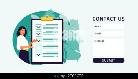 Contactez-nous modèle de formulaire pour le web. Liste de contrôle, liste de tâches. Concept de liste ou de bloc-notes. Idée d'affaires, planification ou pause-café. Illustration vectorielle. Plat Illustration de Vecteur