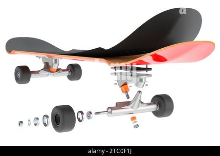 Pièces de skateboard, anatomie de skateboard. Rendu 3D isolé sur fond blanc Banque D'Images