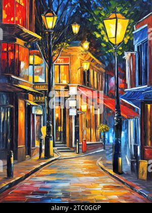 Vibrance illuminée : la Symphonie des rues de la ville par peinture de nuit (huile sur toile). Banque D'Images