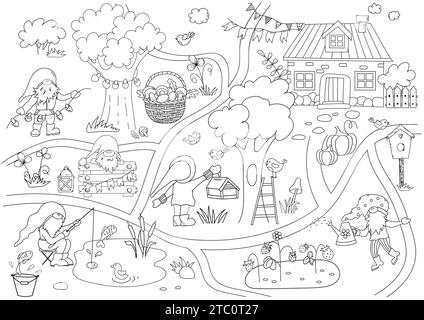 Coloriage pour les enfants avec Une ville de Gnome où un Gnome fishes, une autre fraise de l'eau en faisant Une illustration vectorielle parfaite pour la créativité des enfants dans Un livre de coloriage Illustration de Vecteur