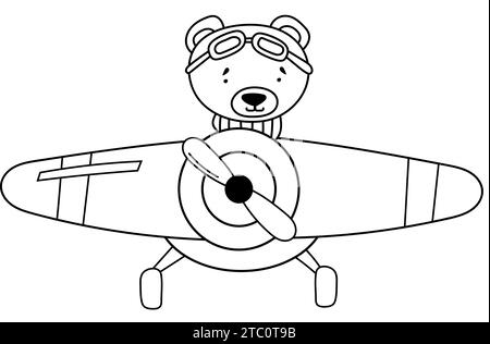 Coloriage pour les enfants : Bear Pilot volant un avion, pour la créativité des enfants, livre de coloriage créatif avec illustrations vectorielles pour la créativité des enfants Illustration de Vecteur