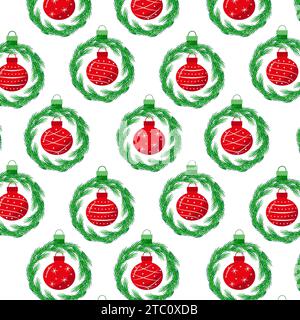 Motif sans couture de Noël festif avec boules rouges et couronne d'épinette verte illustration vectorielle isolée. Banque D'Images