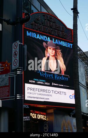 Los Angeles, Californie, États-Unis 9 décembre 2023 chanteuse Miranda Lambert Marquee signe sur Hollywood Blvd le 9 décembre 2023 à Los Angeles, Californie, États-Unis. Photo de Barry King/Alamy stock photo Banque D'Images