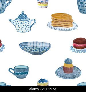 Aquarelle tea Time Seamless motif isolé sur blanc Banque D'Images