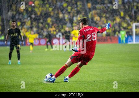 Columbus, Ohio, États-Unis. 9 décembre 2023. Le gardien de l'équipage Columbus Patrick Schulte (28). Columbus Crew remporte sa troisième coupe MLS, battant les champions en titre du LAFC, 2-1. (Kindell Buchanan/Alamy Live News) Banque D'Images