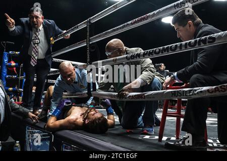 Long Beach, Californie, États-Unis. 9 décembre 2023. Le médecin du ring appelle les ambulanciers paramédicaux pour apporter une civière pour Isaac Avelar après qu'il ait été assommé par l'ancien champion poids plume Mark Magsayo. (Image de crédit : © Adam DelGiudice/ZUMA Press Wire) USAGE ÉDITORIAL SEULEMENT! Non destiné à UN USAGE commercial ! Crédit : ZUMA Press, Inc./Alamy Live News Banque D'Images