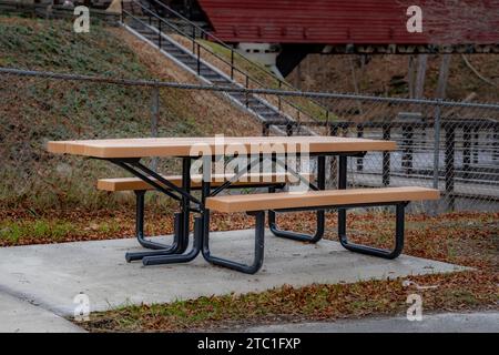 Table de pique-nique ADA accessible en fauteuil roulant avec surface en béton. Banque D'Images