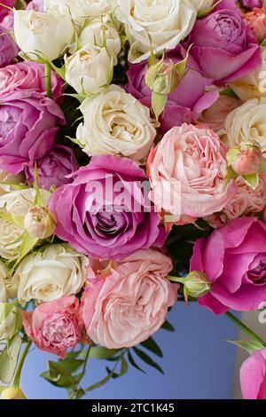 Fond rose violet blanc roses. Vue de dessus d'un grand beau bouquet dans différentes poses. Le concept de la Saint-Valentin jour, mariage, anniversaire. Naturel Banque D'Images