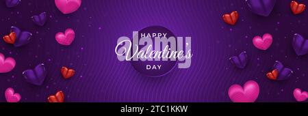 Bannière ou affiche de bonne Saint Valentin pour en-tête avec des coeurs colorés réalistes répartis sur fond violet Illustration de Vecteur