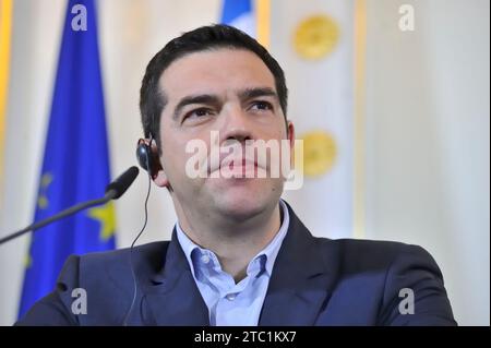 Vienne, Autriche. 9 février 2015. Le Premier ministre grec Alexis Tsipras (Syriza) pour une discussion à la Chancellerie fédérale à Vienne Banque D'Images