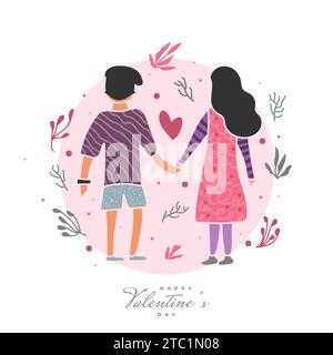Couple tenant des mains Illustration avec élément de fleurs mignon et lettrage de bonne Saint Valentin. Motif carte postale Saint-Valentin Illustration de Vecteur