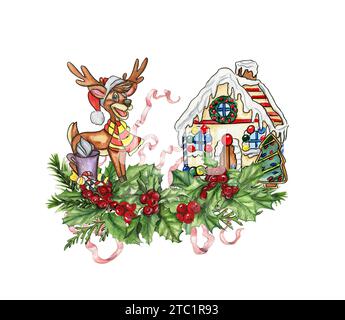 Composition de Noël avec des cerfs. Décoration et personnages de Noël. Éléments aquarelle .Design pour fête de douche de bébé, anniversaire, gâteau, célébrité de vacances Banque D'Images