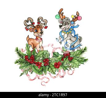 Composition de Noël avec des cerfs. Décoration et personnages de Noël. Éléments aquarelle .Design pour fête de douche de bébé, anniversaire, gâteau, célébrité de vacances Banque D'Images