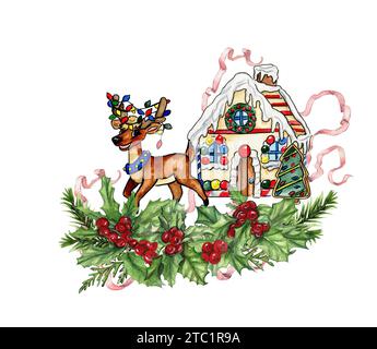 Composition de Noël avec des cerfs. Décoration et personnages de Noël. Éléments aquarelle .Design pour fête de douche de bébé, anniversaire, gâteau, célébrité de vacances Banque D'Images