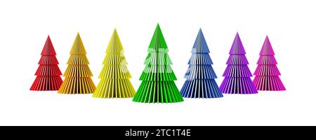 Rainbow couleurs arbres de Noël en rangée sur fond blanc 3d rendu illustration 3D. Banque D'Images