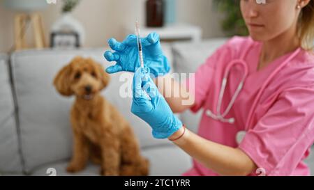 Jeune femme caucasienne avec chien vétérinaire préparant le vaccin à la clinique vétérinaire Banque D'Images