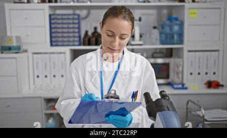 Jeune scientifique blonde focalisée, presse-papiers à la main, mène diligemment des recherches médicales précises dans un laboratoire animé, se plongeant dans le cru Banque D'Images