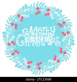 Illustration vectorielle dessinée à la main. Carte de Noël avec couronne de GUI stylisée ronde et texte « Joyeux Noël » Illustration de Vecteur