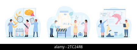 Illustration vectorielle de l'ensemble d'allergies alimentaires. Bande dessinée minuscules personnes avertissant contre la consommation de pain, de fruits de mer et de produits laitiers pour les personnes ayant des réactions allergiques, les médecins testent avec une loupe, un microscope Illustration de Vecteur