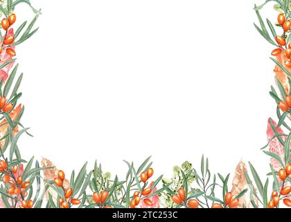 Argousier lumineux et empreintes de feuilles colorées d'automne de différents arbres. Baies d'orange mûres. Illustration à l'aquarelle. Banque D'Images