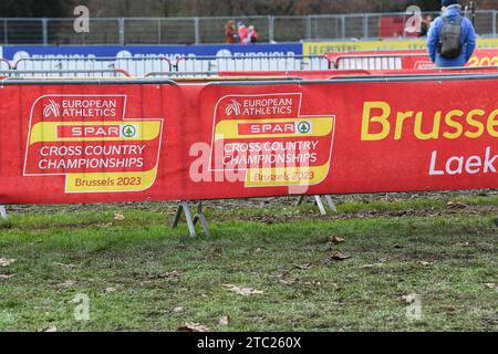 Bruxelles, Belgique. 10 décembre 2023. L'illustration montre les logos des Championnats d'Europe de cross-country à Bruxelles, dimanche 10 décembre 2023 PHOTO BELGA JILL DELSAUX crédit : Belga News Agency/Alamy Live News Banque D'Images