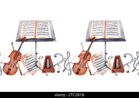 Bannière sans fin avec violon, Music Stand, partitions, Baton, métronome, aigus, Bass clef et notes de musique. Musique classique Aquarelle Illustration Banque D'Images