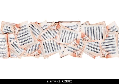 Bannière transparente sans fin pour la musique en feuille. Elément de conception d'illustration d'aquarelle de musique classique. Illustration d'aquarelle isolée dessinée à la main Banque D'Images