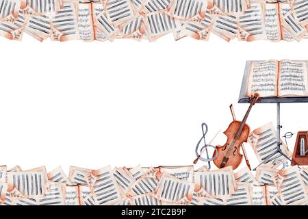 Violon, Music Stand, partitions, illustration aquarelle métronome. Affiche de musique classique, flyer de carte, conception de certificat. Espace pour votre texte. Banque D'Images