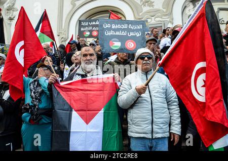 Tunis, Tunisie. 10 décembre 2023 : Tunis, Tunisie. 10 décembre 2023. Un rassemblement est organisé dans le centre de Tunis pour réclamer la libération des prisonniers politiques en Tunisie et en Palestine. Les participants ont agité le drapeau palestinien et tunisien pendant la manifestation, organisée par la coalition du Front du salut national (image de crédit : © Hasan Mrad/IMAGESLIVE via ZUMA Press Wire) À USAGE ÉDITORIAL SEULEMENT! Non destiné à UN USAGE commercial ! Crédit : ZUMA Press, Inc./Alamy Live News Banque D'Images