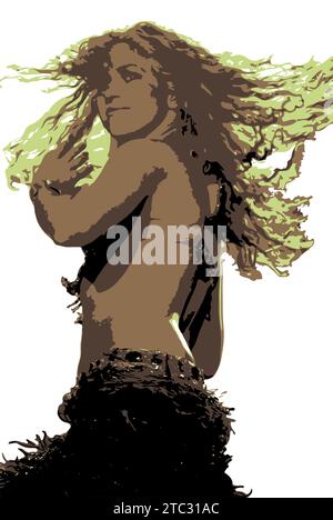 Portrait de Shakira. Vector blanc et couleurs. Chanteuse colombienne aux cheveux ondulés. Elle danse en bougeant les hanches, musique pop latine en Amérique du Sud. Illustration de Vecteur