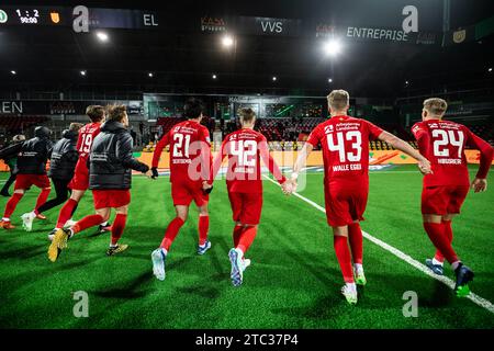 Farum, Danemark. 09 décembre 2023. Les joueurs du FC Nordsjaelland vus lors du match de la coupe Oddset entre Akademisk BK et le FC Nordsjaelland à droite à Dream Park à Farum. (Crédit photo : Gonzales photo - Dejan Obretkovic). Banque D'Images
