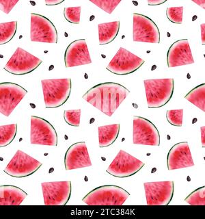 Pastèque. Motif sans couture. Illustration à l'aquarelle. Fruits juteux. Aliments pour bébés. Clipart, impression sur tissu Banque D'Images